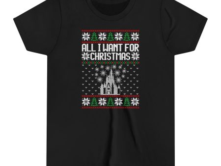 Disney World Ugly Sweater  All I Want for Christmas  Youth Short Sleeve Tee Shirt Hot on Sale